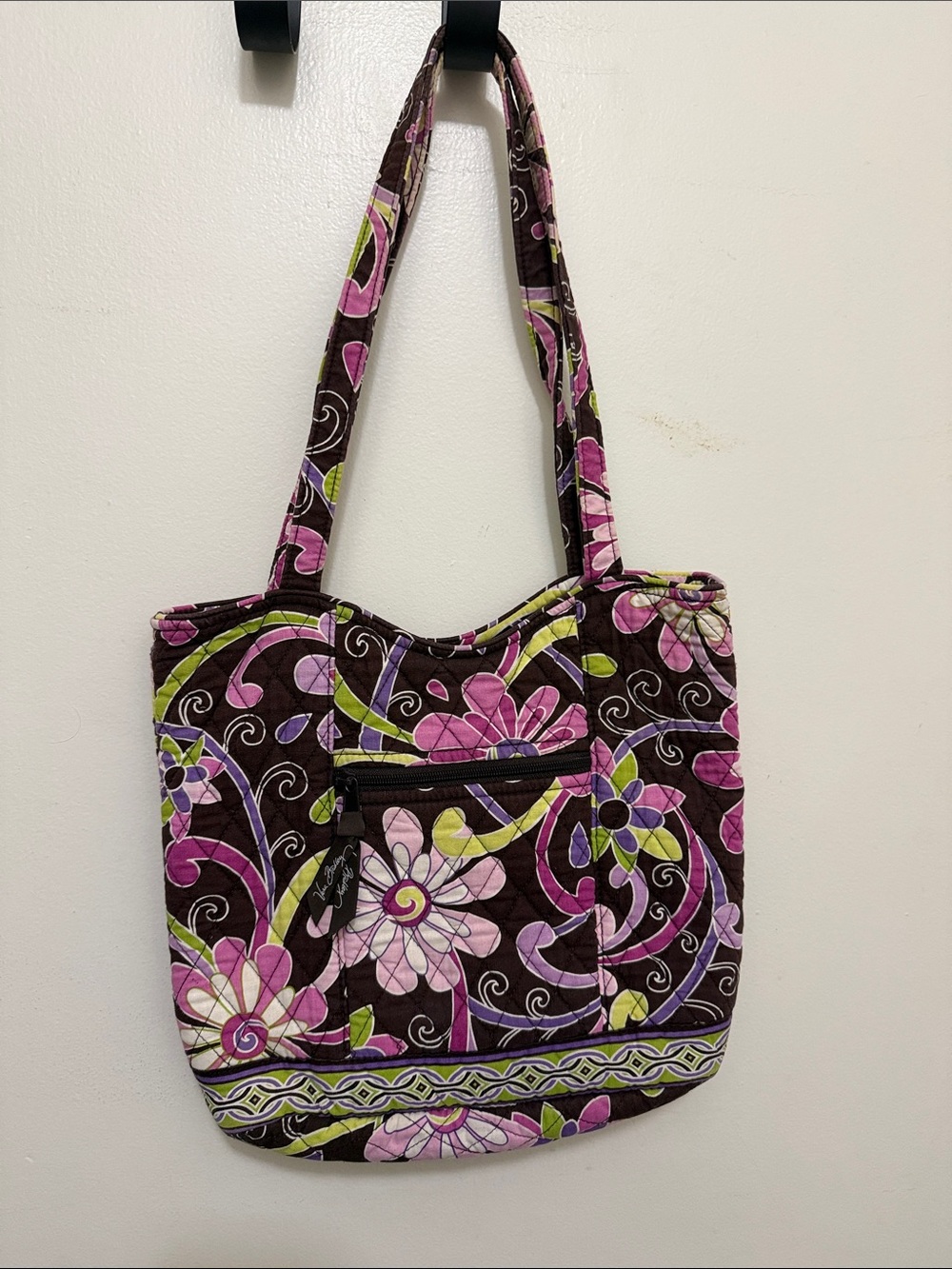 Vera Bradley Brown Quilted Floral Shoulder Bag with Pink and Green Accents